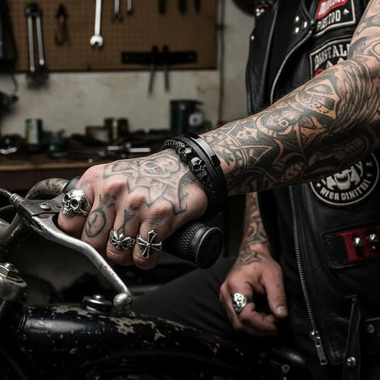 Men's Leather Skull Bracelet - Matte Black Gothic Rock Edition