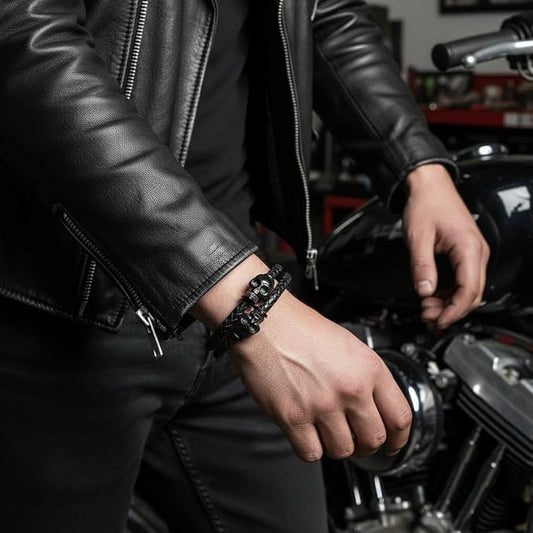 Men's Leather Skull Bracelet - Matte Black Dual Skull - Twin Biker Style