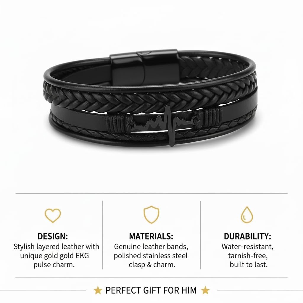 Heart Beat Multi-Layer Braided Leather Bracelet Black