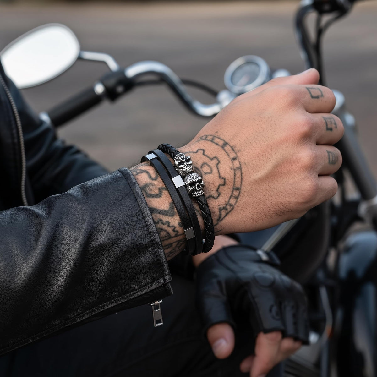 Men's Leather Skull Bracelet - Braided Silver Skulls