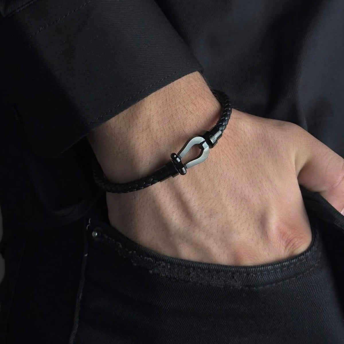 Black Leather Bracelet Nautical Shackle Clasp