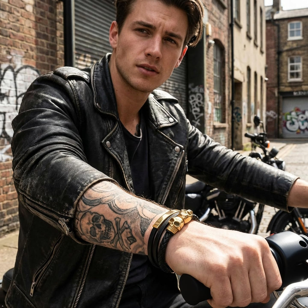 Men's Leather Skull Bracelet - Magnetic Gothic Viking Style