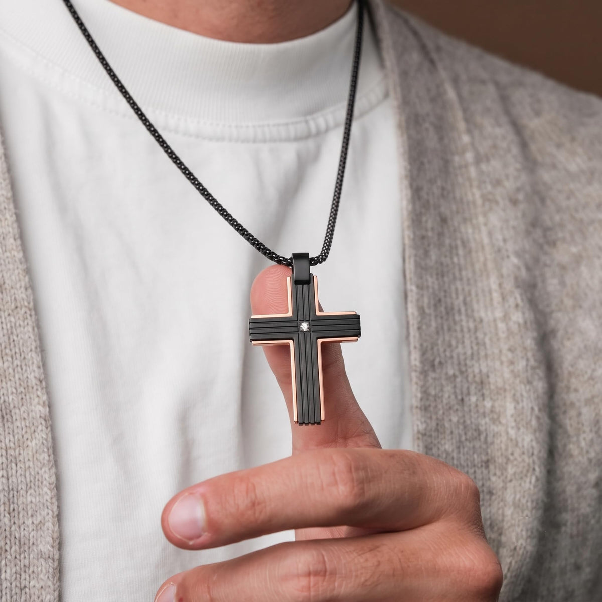 Men's Black Stainless Steel Cross Necklace Black Mosaic