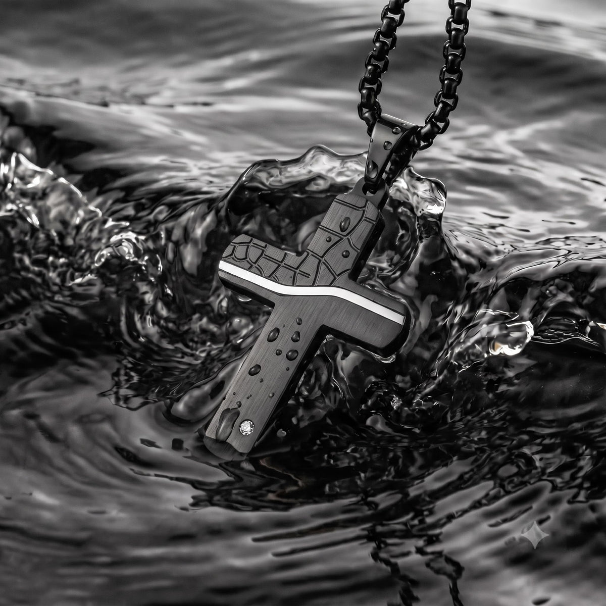 Men's Black Stainless Steel Cross Necklace Black Mosaic