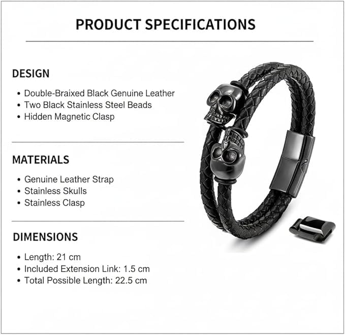 Men's Leather Skull Bracelet - Magnetic Gothic Viking Style