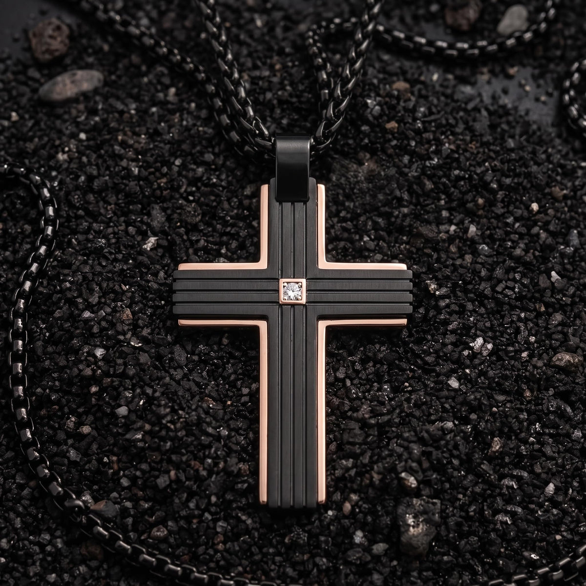 Men's Black Stainless Steel Cross Necklace Black Mosaic
