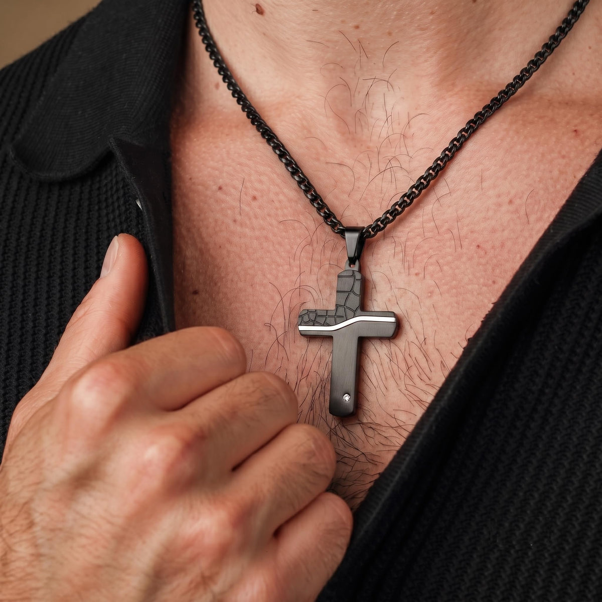 Men's Black Stainless Steel Cross Necklace Black Mosaic