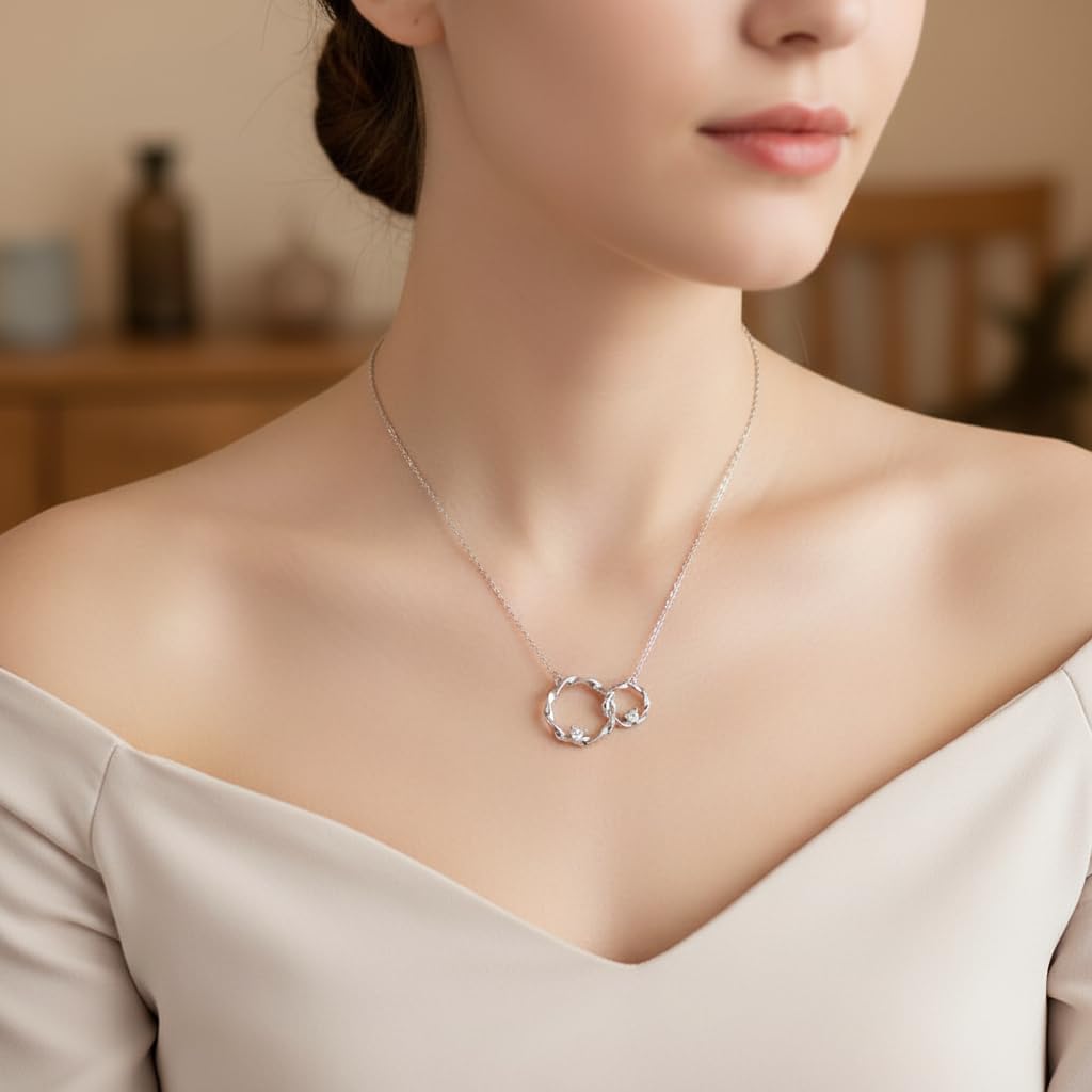925 Sterling Silver Interlocking Infinity Circle Necklace with Heart Accents