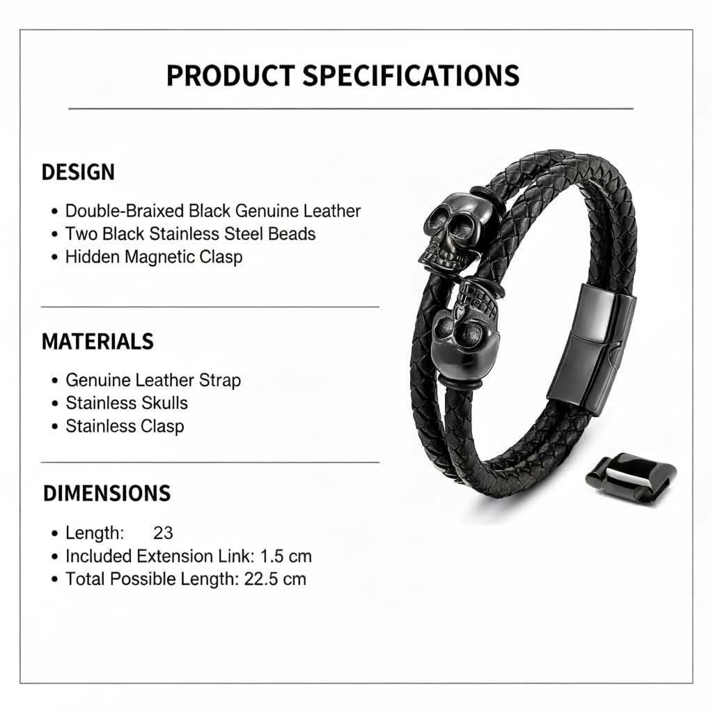 Men's Leather Skull Bracelet - Magnetic Gothic Viking Style
