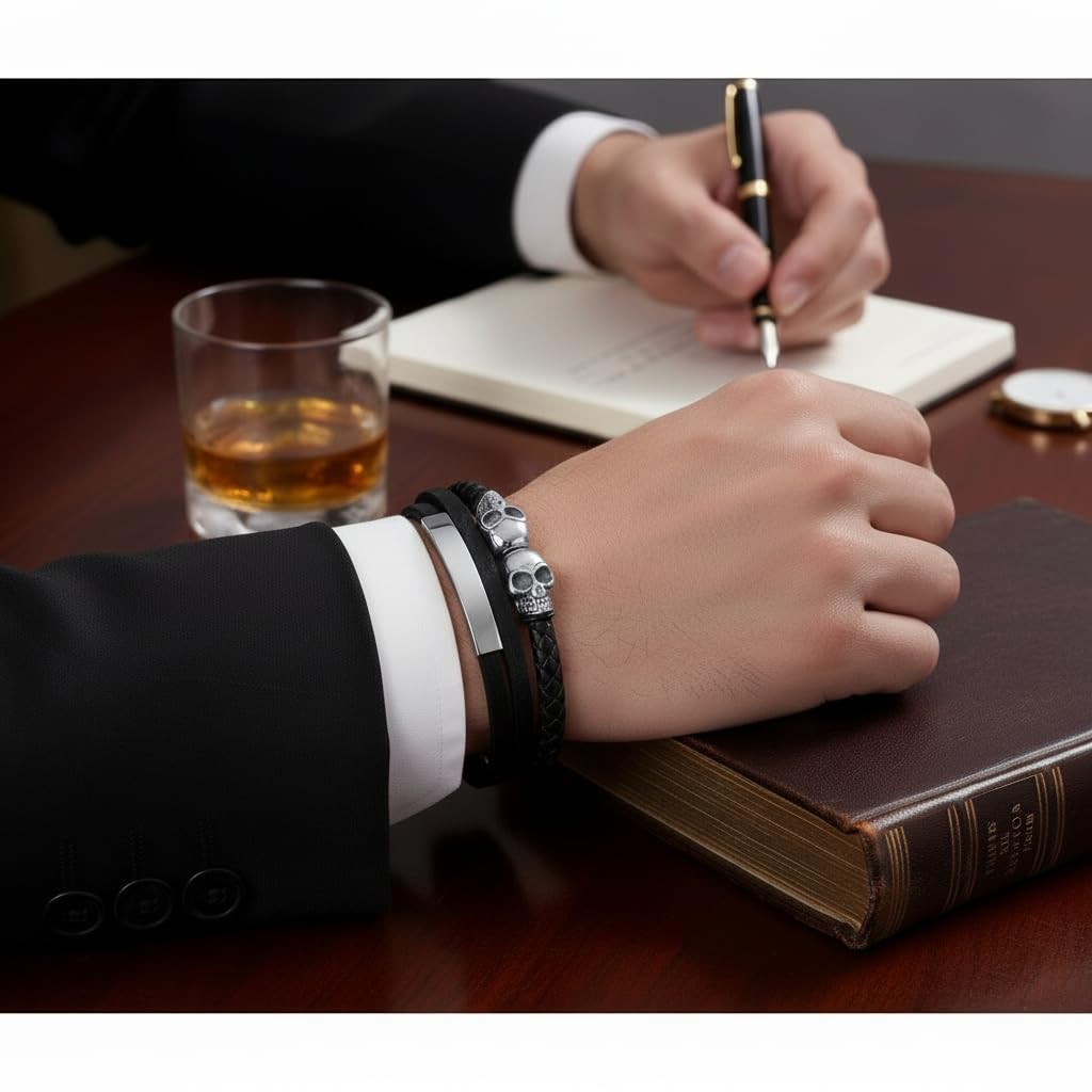 Men's Leather Skull Bracelet - Antique Silver Nordic Viking