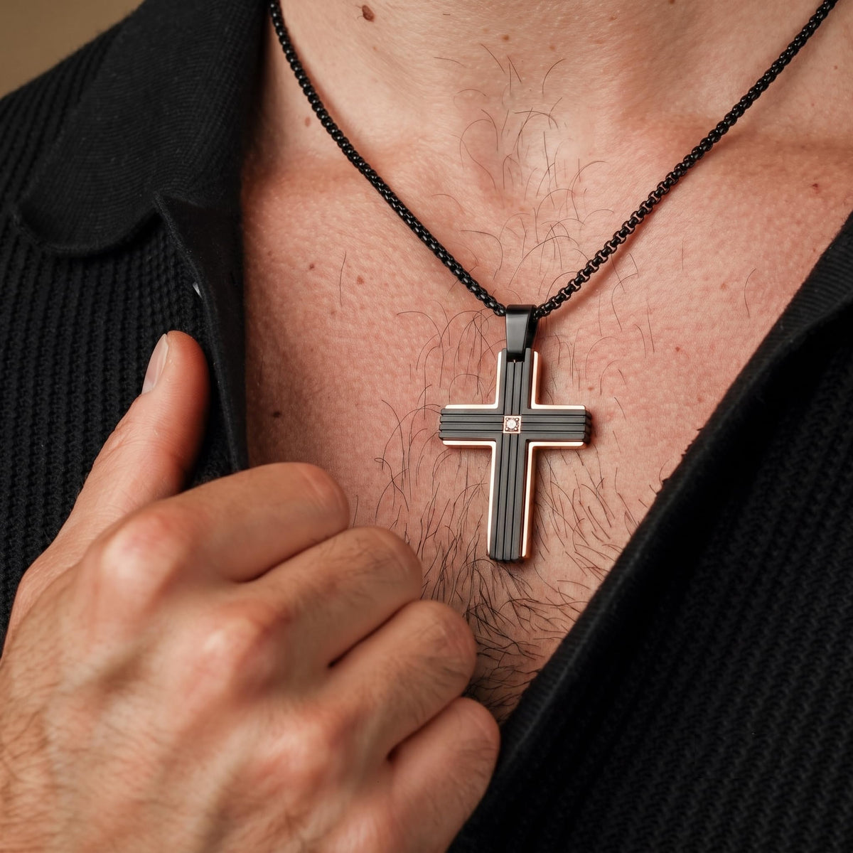 Men's Black Stainless Steel Cross Necklace Black Mosaic
