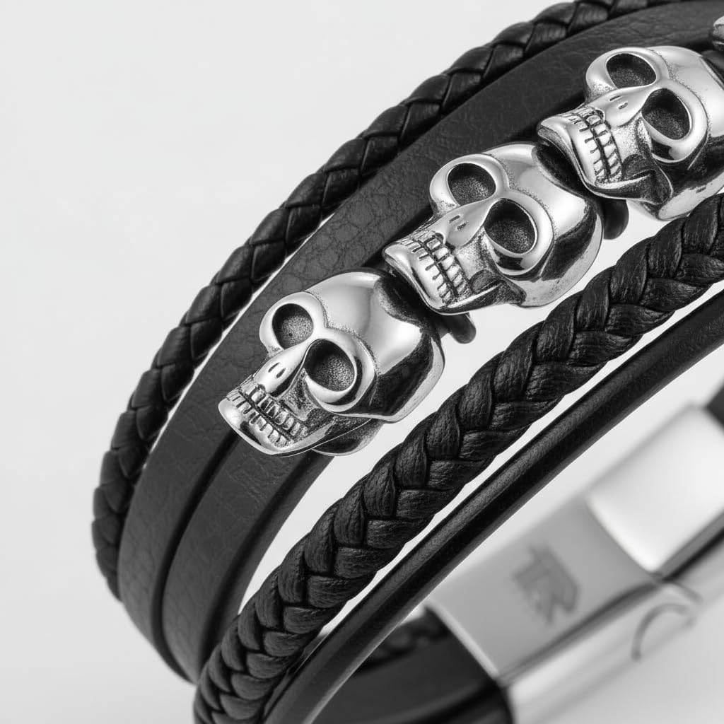 Men's Leather Skull Bracelet - Magnetic Gothic Viking Style