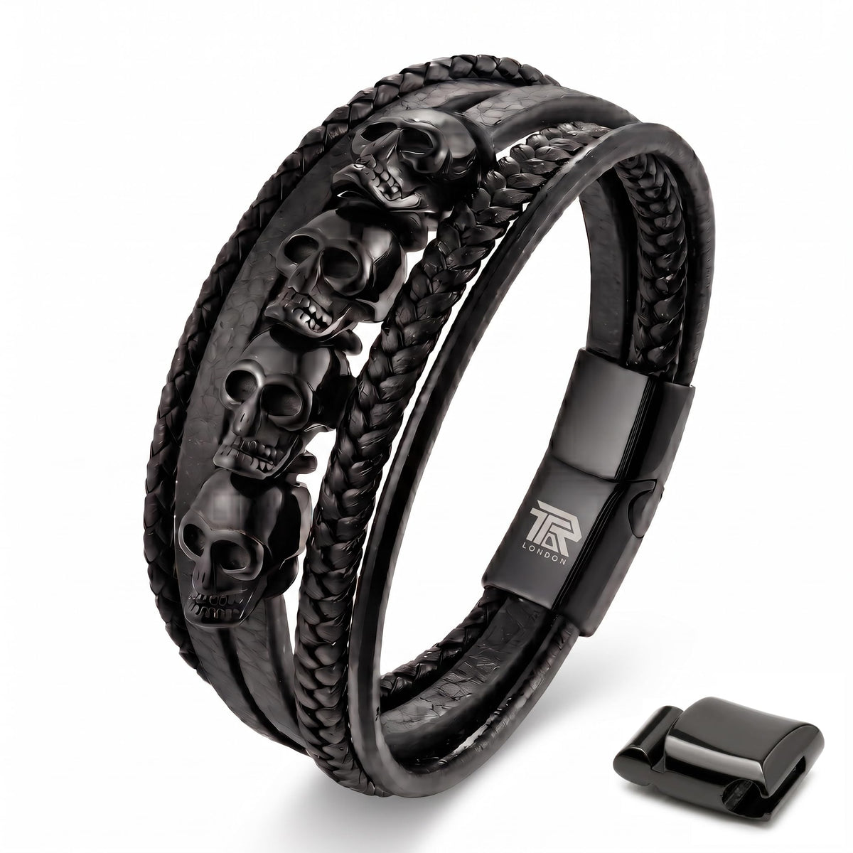 Men's Leather Skull Bracelet - Magnetic Gothic Viking Style