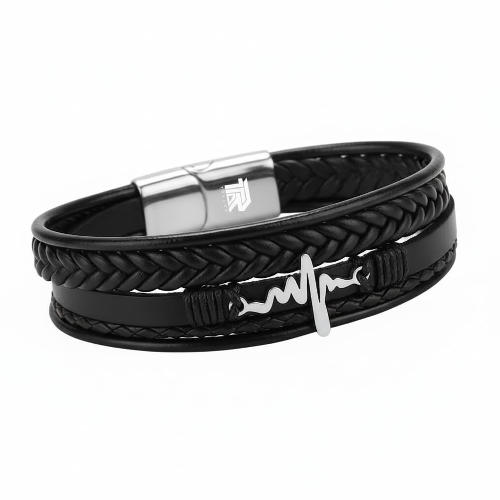 Heart Beat Multi-Layer Braided Leather Bracelet Black