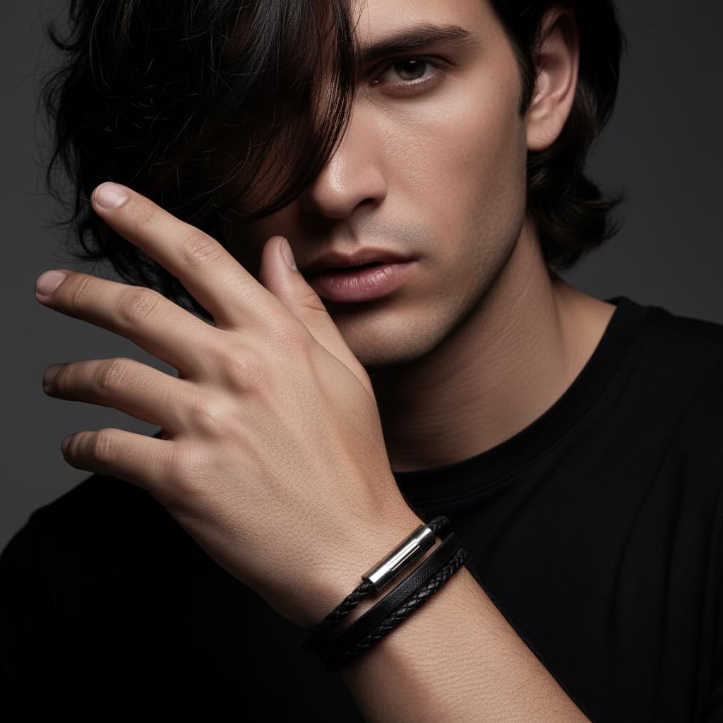 Men's Black Braided Leather Bracelet