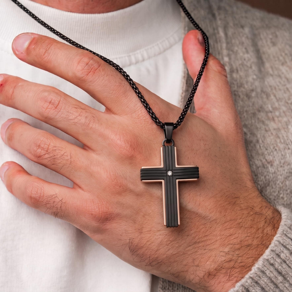 Men's Black Stainless Steel Cross Necklace Black Mosaic