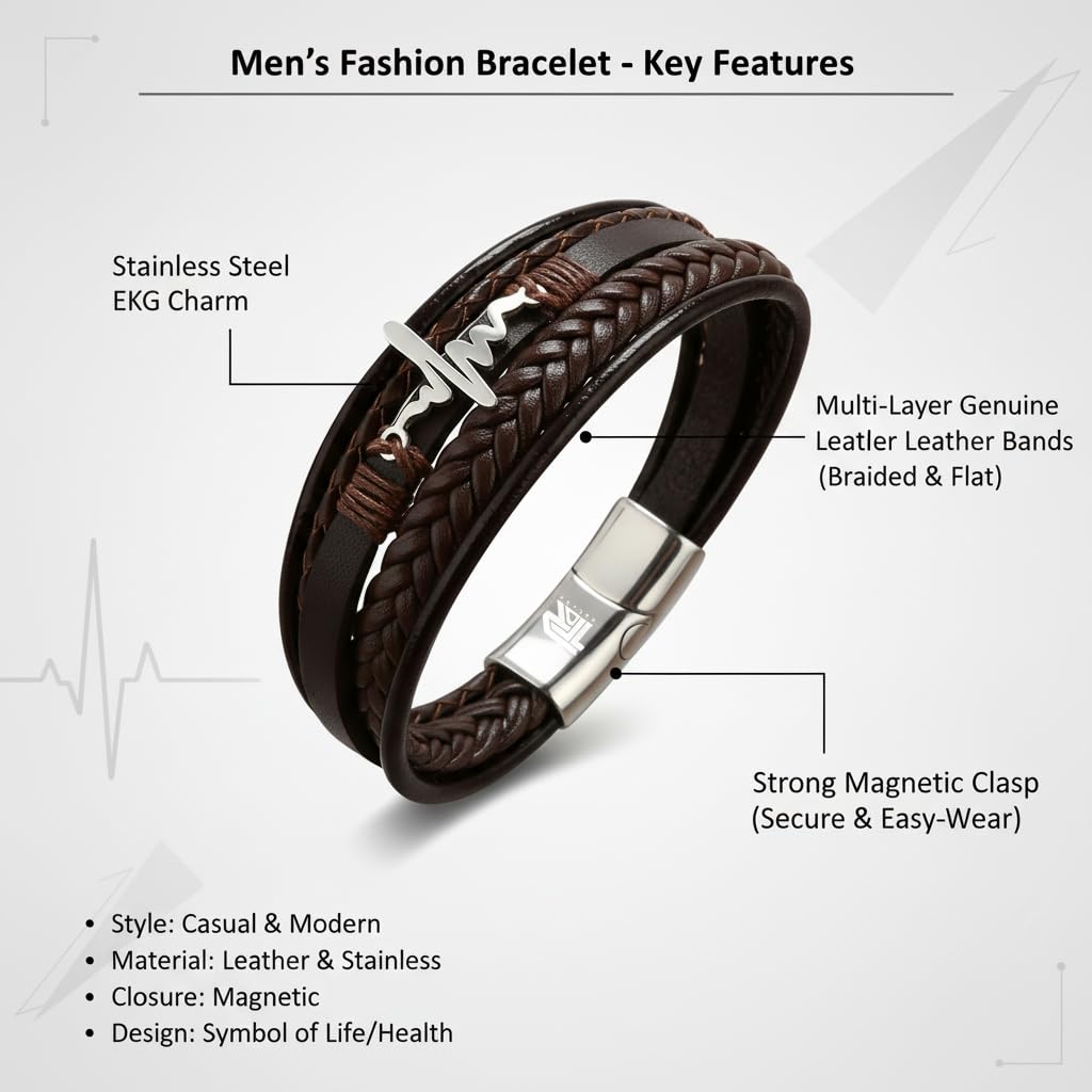 Heart Beat Multi-Layer Braided Leather Bracelet Black