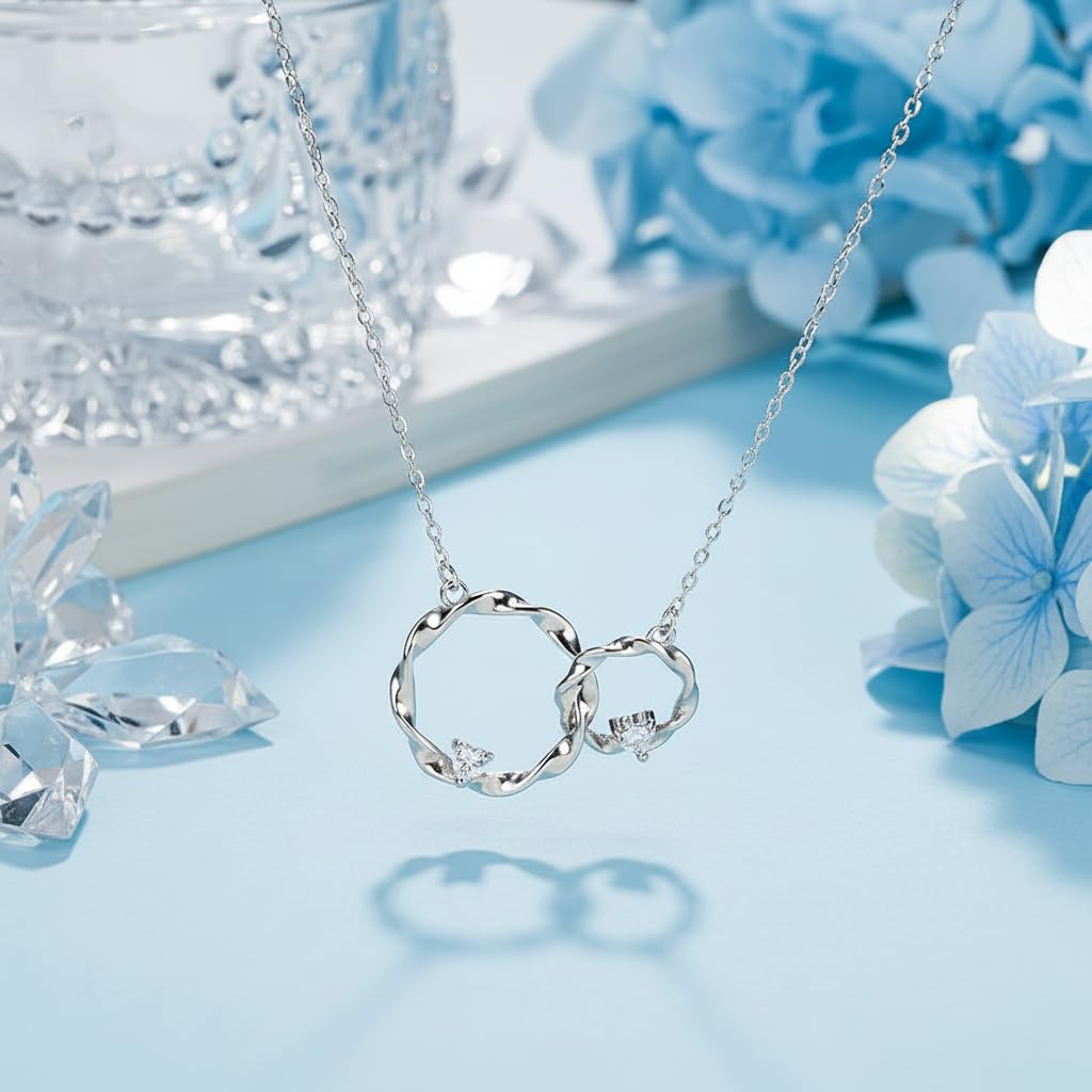 925 Sterling Silver Interlocking Infinity Circle Necklace with Heart Accents