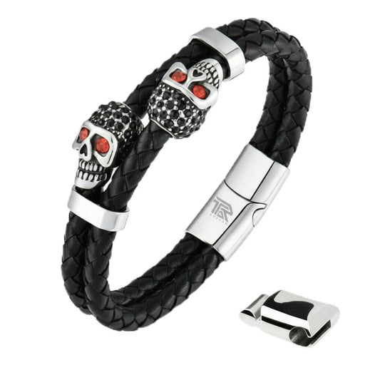 Men's Leather Skull Bracelet - Crimson Red Eye Dual Skull