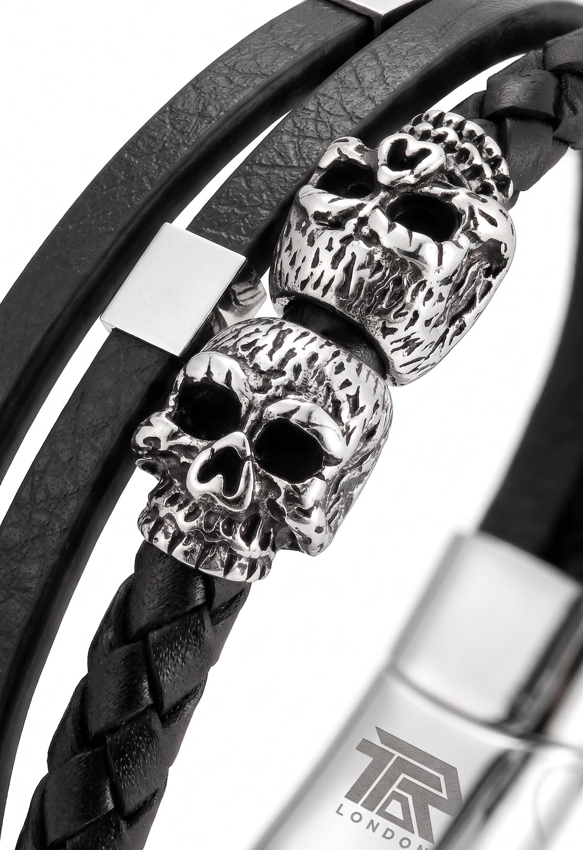 Men's Leather Skull Bracelet - Magnetic Gothic Viking Style