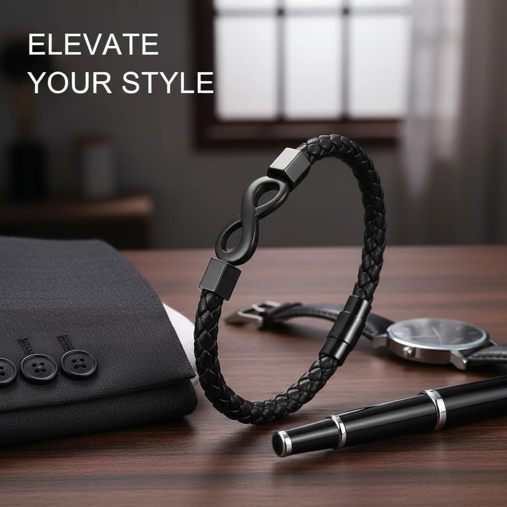 Black Leather Bracelet Matte Black Infinity