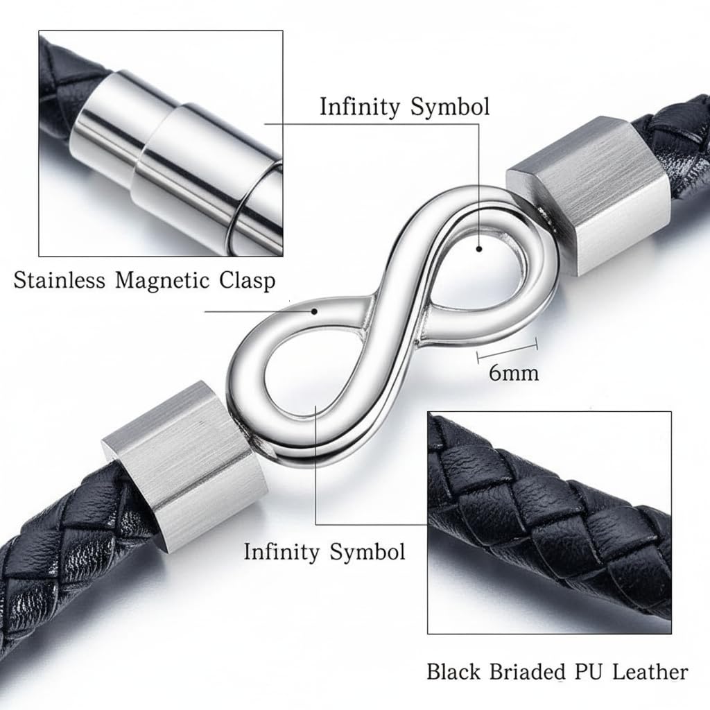 Black Leather Bracelet Polished Silver Infinity