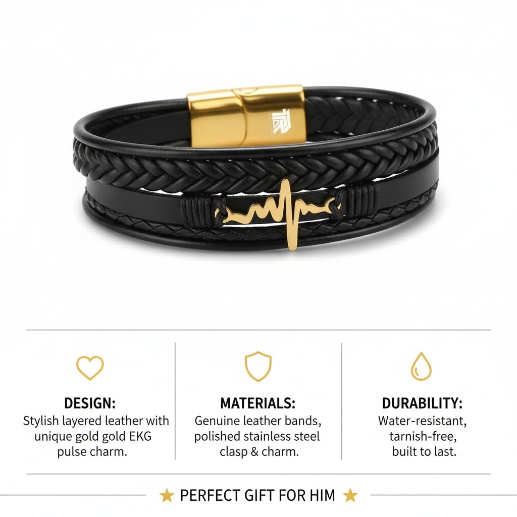 Heart Beat Multi-Layer Braided Leather Bracelet Black