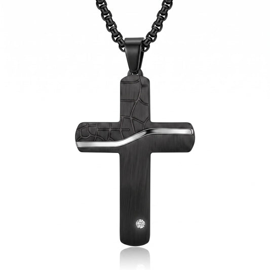 Men's Black Stainless Steel Cross Necklace Black Mosaic