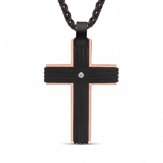 Men's Black Stainless Steel Cross Rose Gold Necklace