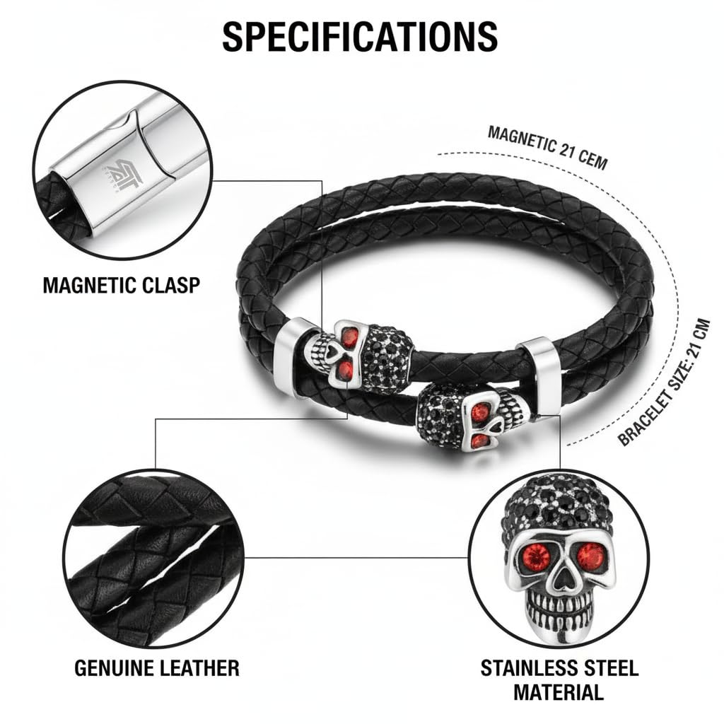 Men's Leather Skull Bracelet - Crimson Red Eye Dual Skull