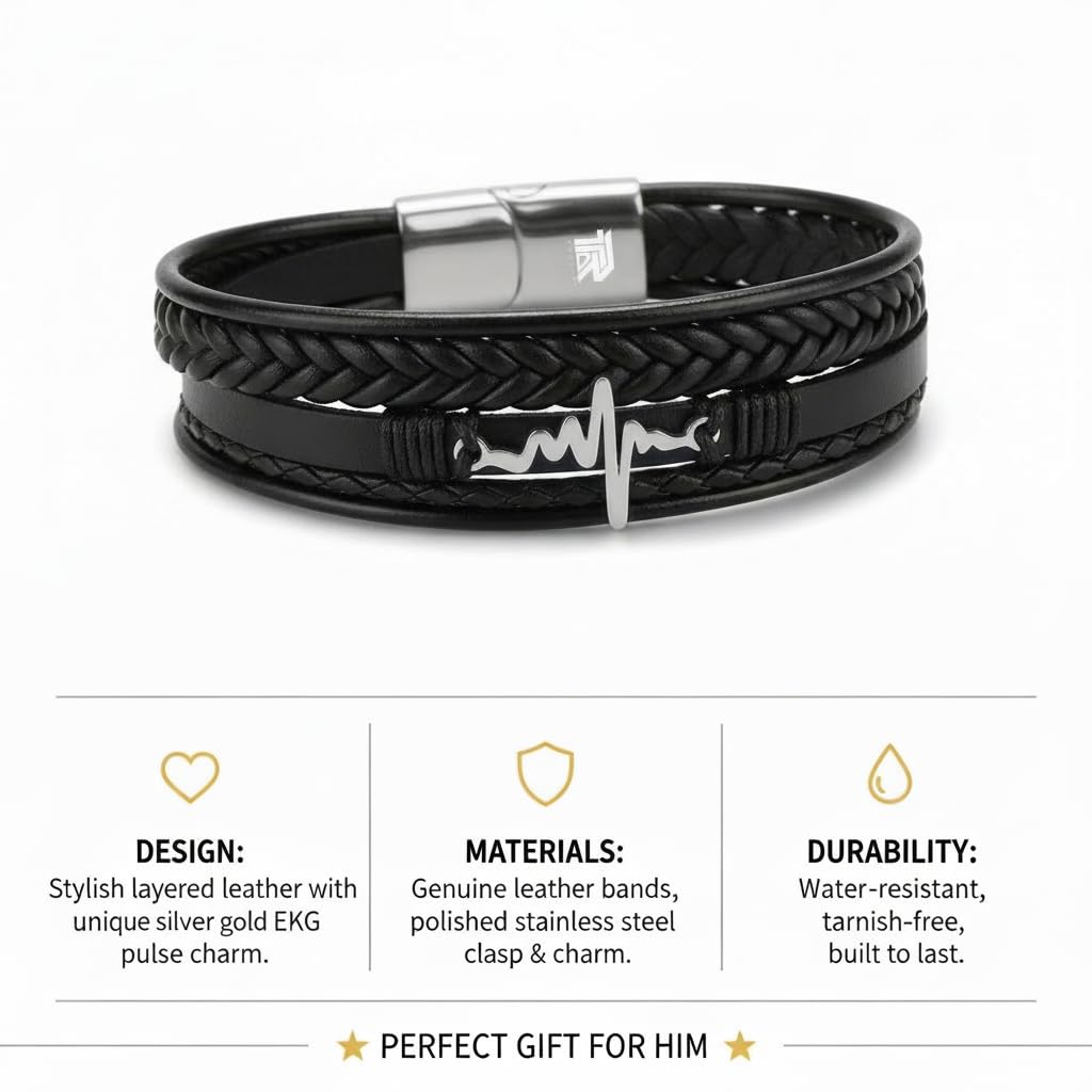 Heart Beat Multi-Layer Braided Leather Bracelet Black