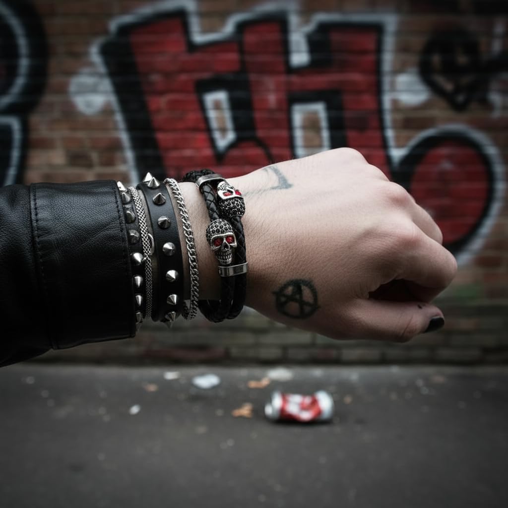 Men's Leather Skull Bracelet - Crimson Red Eye Dual Skull