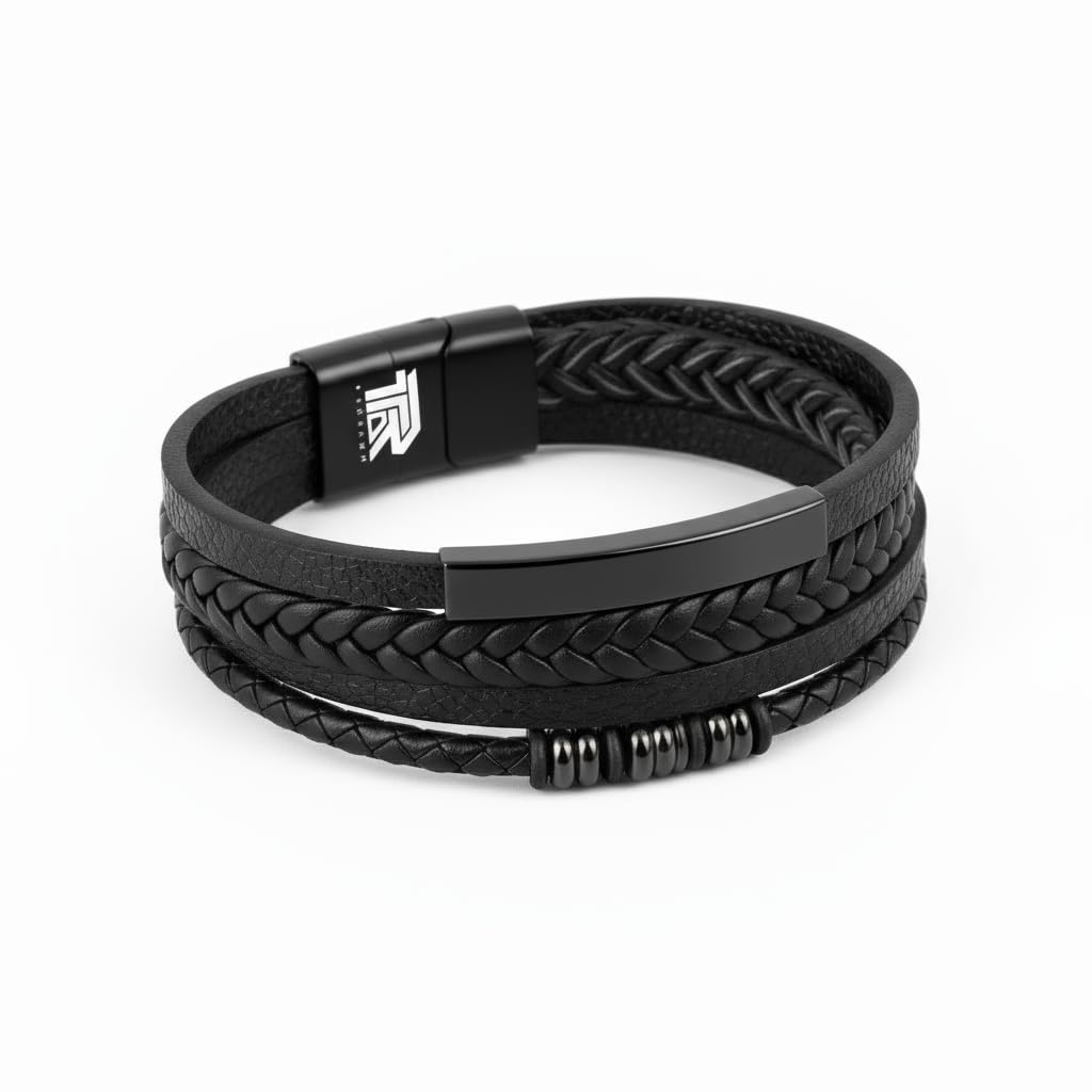 Unisex Black Braided Leather Bracelet with Gift Box