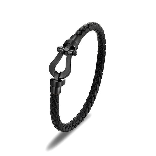 Black Leather Bracelet Nautical Shackle Clasp