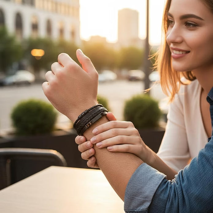 Unisex Black Braided Leather Bracelet with Gift Box