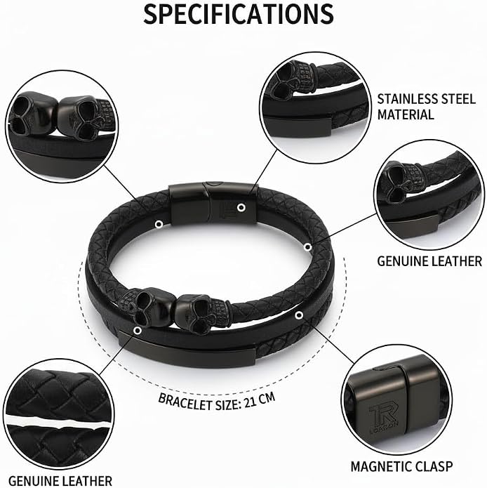 Men's Leather Skull Bracelet - Matte Black Gothic Rock Edition