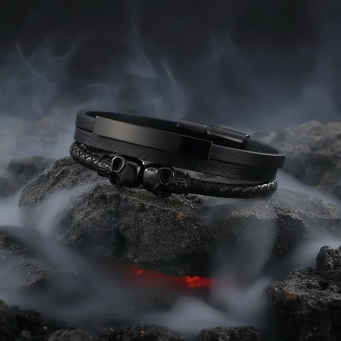 Men's Leather Skull Bracelet - Matte Black Gothic Rock Edition
