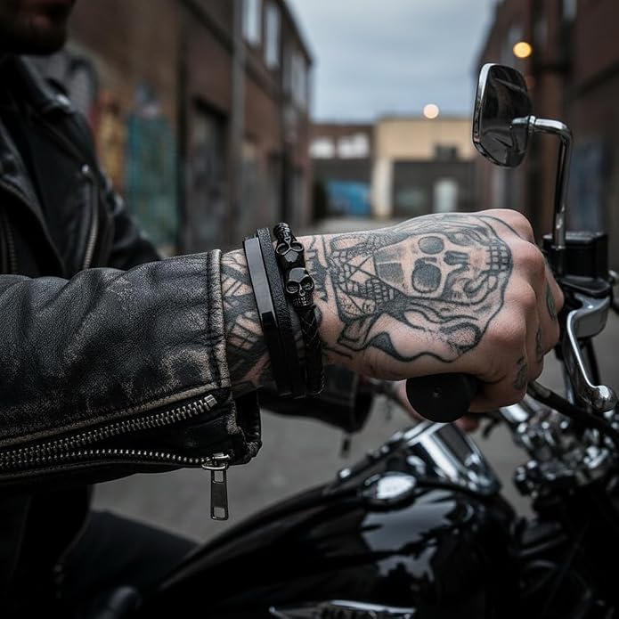 Men's Leather Skull Bracelet - Matte Black Gothic Rock Edition