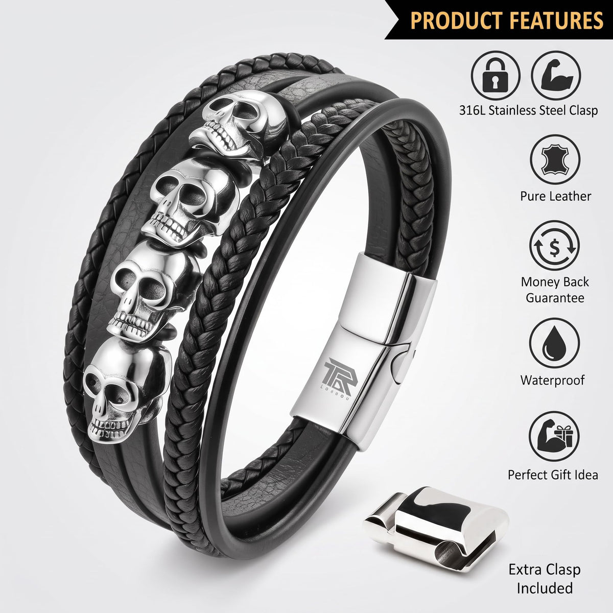 Men's Leather Skull Bracelet - Magnetic Gothic Viking Style