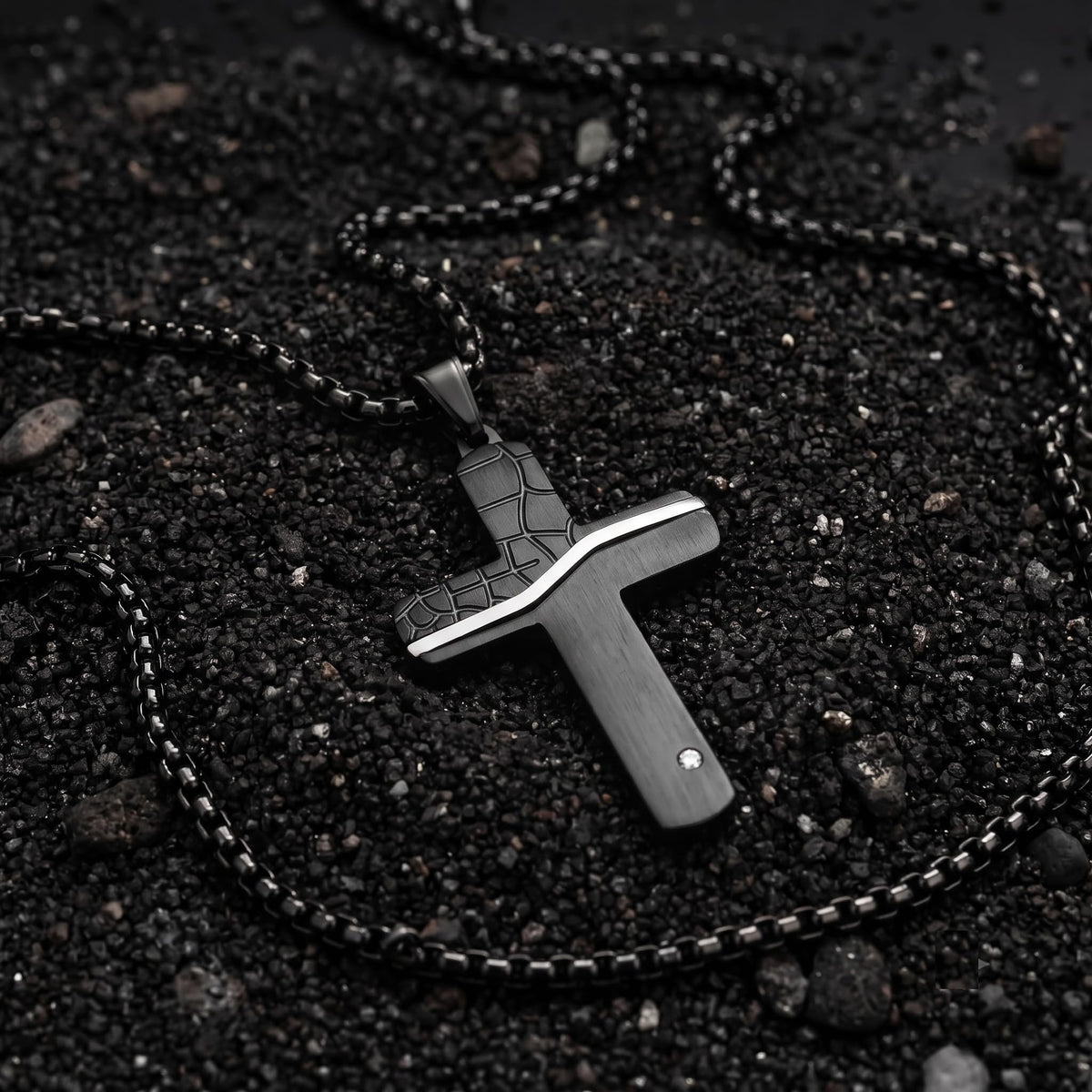 Men's Black Stainless Steel Cross Necklace Black Mosaic