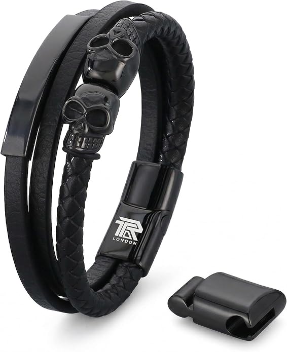 Men's Leather Skull Bracelet - Matte Black Gothic Rock Edition