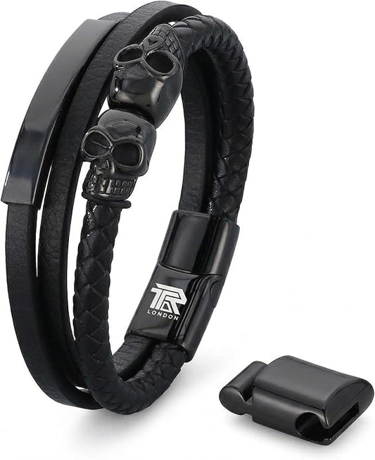 Men's Leather Skull Bracelet - Matte Black Gothic Rock Edition
