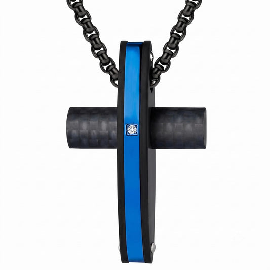 Men's Black Stainless Steel Cross Necklace Blue Carbon