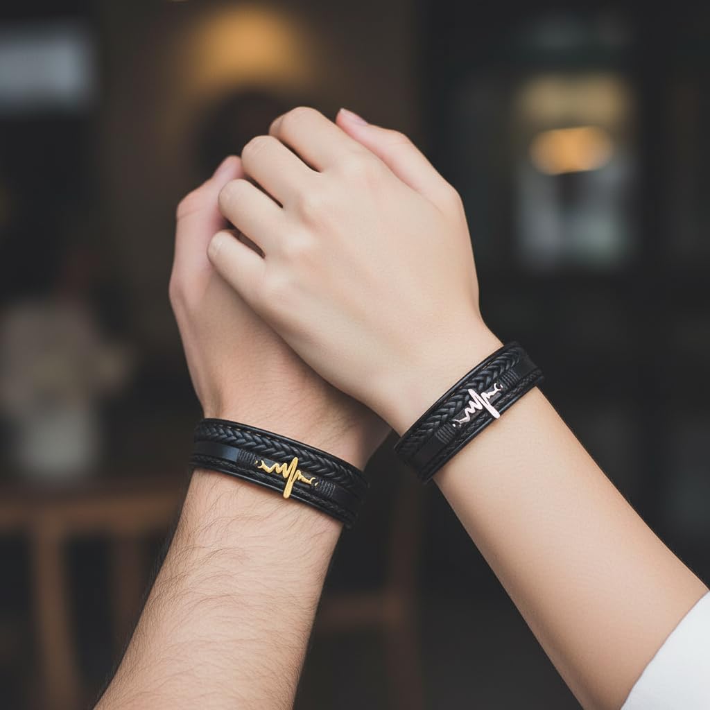 Heart Beat Multi-Layer Braided Leather Bracelet Black