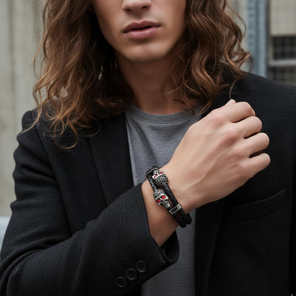 Men's Leather Skull Bracelet - Crimson Red Eye Dual Skull