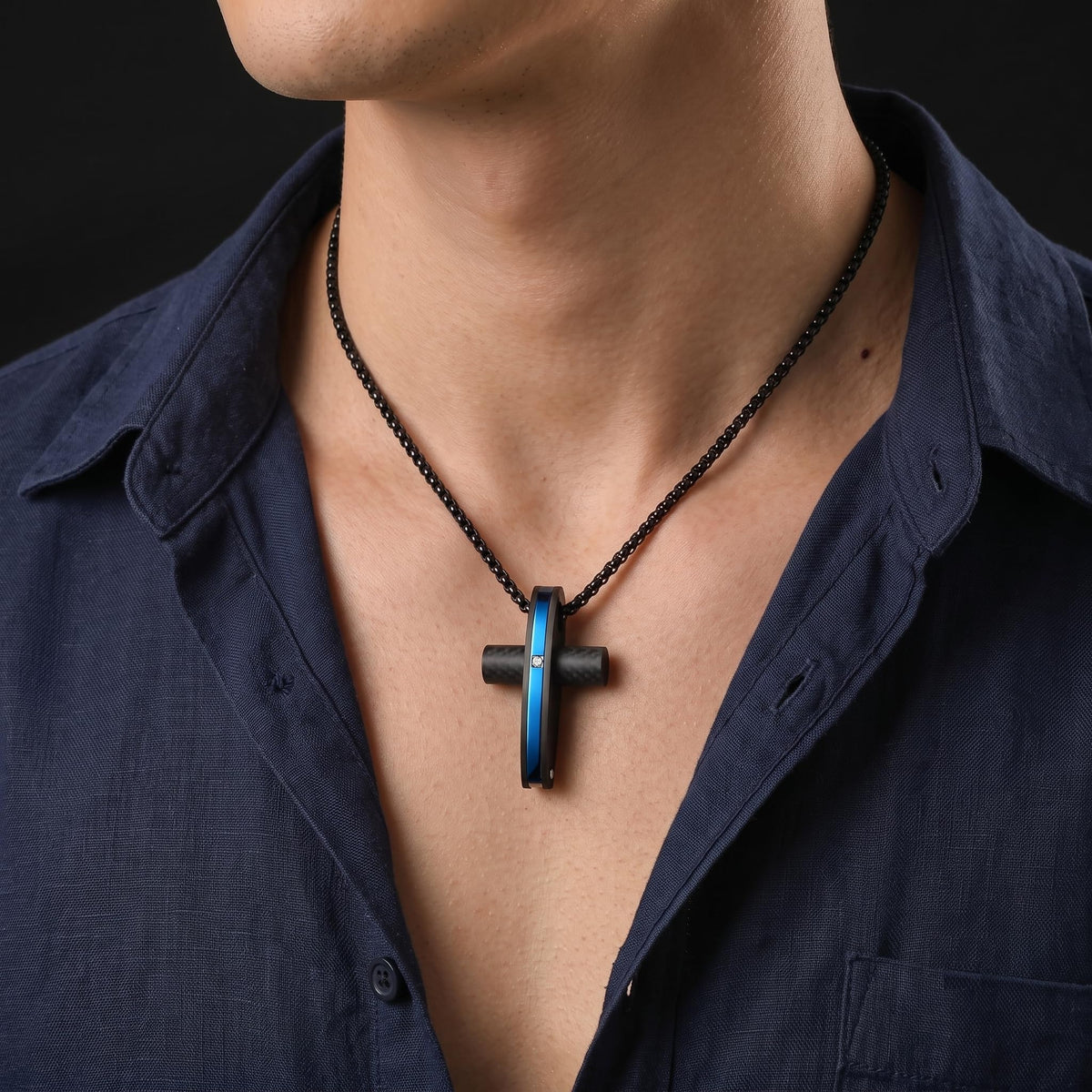 Men's Black Stainless Steel Cross Necklace Black Mosaic