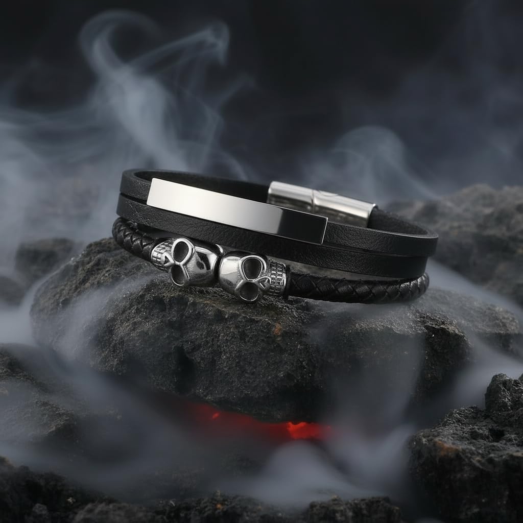 Men's Leather Skull Bracelet - Antique Silver Nordic Viking