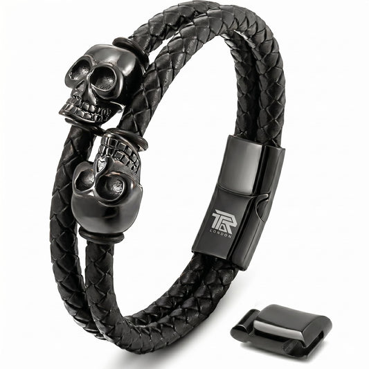 Men's Leather Skull Bracelet - Matte Black Dual Skull - Twin Biker Style