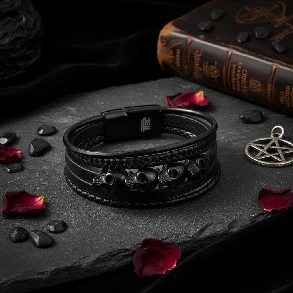 Men's Leather Skull Bracelet - Magnetic Gothic Viking Style