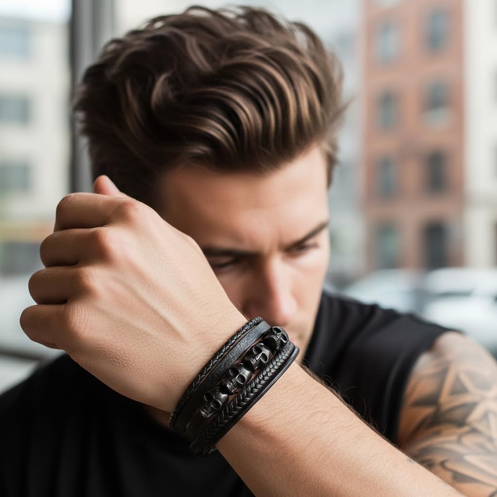 Men's Leather Skull Bracelet - Magnetic Gothic Viking Style